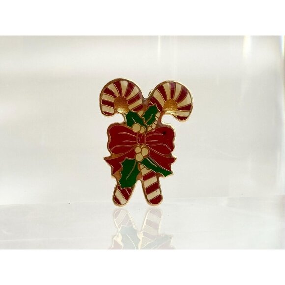 Gold Toned Bowtie Crossed Candy Cane Christmas Holiday Brooch Pin - Picture 3 of 7